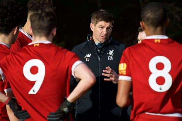 BLACKBURN, ENGLAND - Saturday, January 6, 2018: Liverpool's Under-18 manager Steven Gerrard gies a half-time team-talk during an Under-18 FA Premier League match between Blackburn Rovers FC and Liverpool FC at Brockhall Village Training Ground. (Pic by David Rawcliffe/Propaganda)