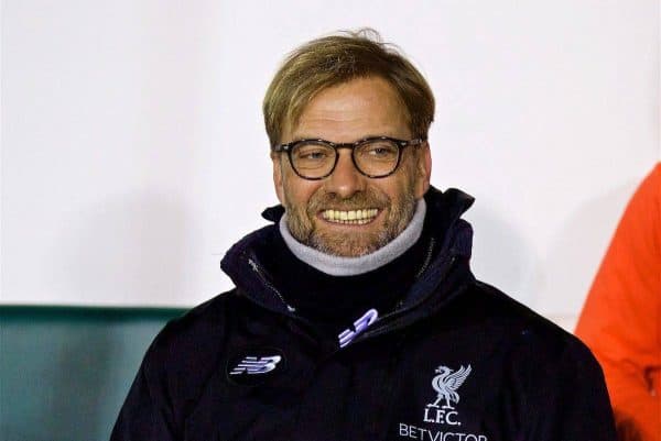 PLYMOUTH, ENGLAND - Wednesday, January 18, 2017: Liverpool's manager Jürgen Klopp before the FA Cup 3rd Round Replay match against Plymouth Argyle at Home Park. (Pic by David Rawcliffe/Propaganda)