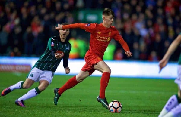 PLYMOUTH, ENGLAND - Wednesday, January 18, 2017: Liverpool's Ben Woodburn in action against Plymouth Argyle during the FA Cup 3rd Round Replay match at Home Park. (Pic by David Rawcliffe/Propaganda)