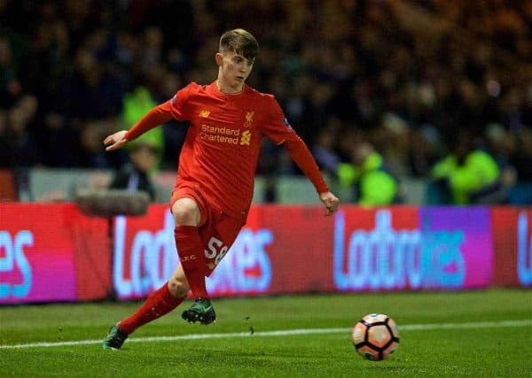 PLYMOUTH, ENGLAND - Wednesday, January 18, 2017: Liverpool's Ben Woodburn in action against Plymouth Argyle during the FA Cup 3rd Round Replay match at Home Park. (Pic by David Rawcliffe/Propaganda)