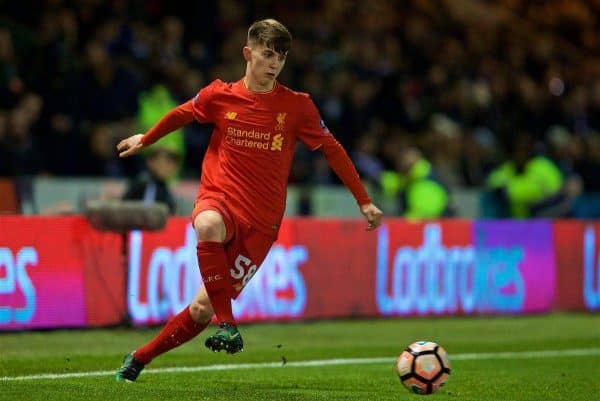 PLYMOUTH, ENGLAND - Wednesday, January 18, 2017: Liverpool's Ben Woodburn in action against Plymouth Argyle during the FA Cup 3rd Round Replay match at Home Park. (Pic by David Rawcliffe/Propaganda)