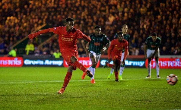 PLYMOUTH, ENGLAND - Wednesday, January 18, 2017: Liverpool's Divock Origi sees his penalty kick saved during the FA Cup 3rd Round Replay match against Plymouth Argyle at Home Park. (Pic by David Rawcliffe/Propaganda)