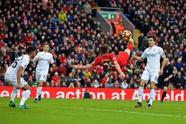 LIVERPOOL, ENGLAND - Saturday, January 21, 2017: Liverpool's Adam Lallana tries a bicycle kick shot against Swansea City during the FA Premier League match at Anfield. (Pic by David Rawcliffe/Propaganda)