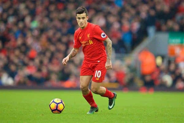 LIVERPOOL, ENGLAND - Saturday, January 21, 2017: Liverpool's Philippe Coutinho Correia in action against Swansea City during the FA Premier League match at Anfield. (Pic by David Rawcliffe/Propaganda)