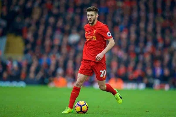 LIVERPOOL, ENGLAND - Saturday, January 21, 2017: Liverpool's Adam Lallana in action against Swansea City during the FA Premier League match at Anfield. (Pic by David Rawcliffe/Propaganda)