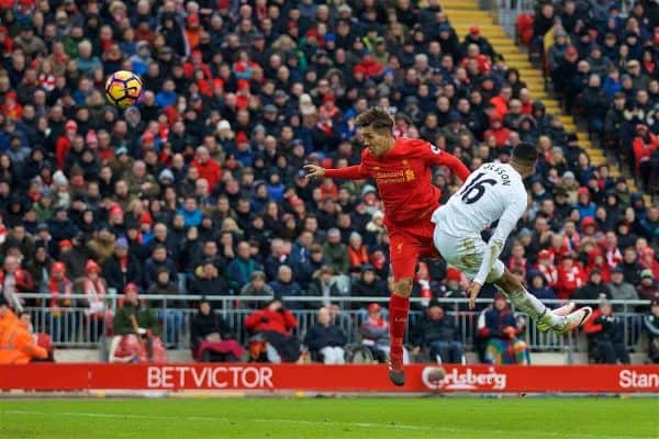LIVERPOOL, ENGLAND - Saturday, January 21, 2017: Liverpool's Roberto Firmino scores the first goal against Swansea City to pull a goal back and make the score 1-2 during the FA Premier League match at Anfield. (Pic by David Rawcliffe/Propaganda)