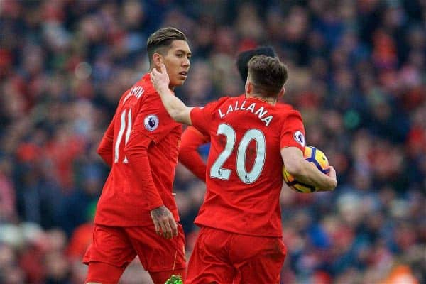 LIVERPOOL, ENGLAND - Saturday, January 21, 2017: Liverpool's Roberto Firmino celebrates scoring the first goal against Swansea City, with team-mate Adam Lallana, to pull a goal back and make the score 1-2 during the FA Premier League match at Anfield. (Pic by David Rawcliffe/Propaganda)