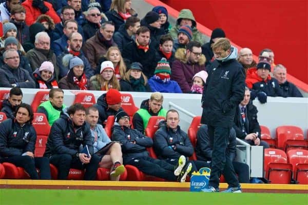 LIVERPOOL, ENGLAND - Saturday, January 21, 2017: Liverpool's manager Jürgen Klopp looks dejected as his side lose 3-2 to Swansea City during the FA Premier League match at Anfield. (Pic by David Rawcliffe/Propaganda)