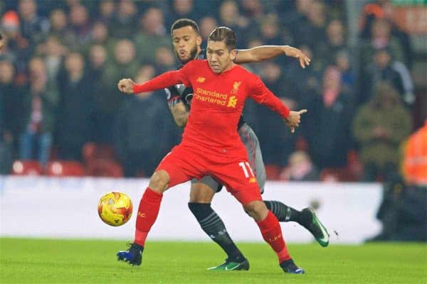 LIVERPOOL, ENGLAND - Wednesday, January 25, 2017: Liverpool's Roberto Firmino in action against Southampton's Ryan Bertrand during the Football League Cup Semi-Final 2nd Leg match at Anfield. (Pic by David Rawcliffe/Propaganda)