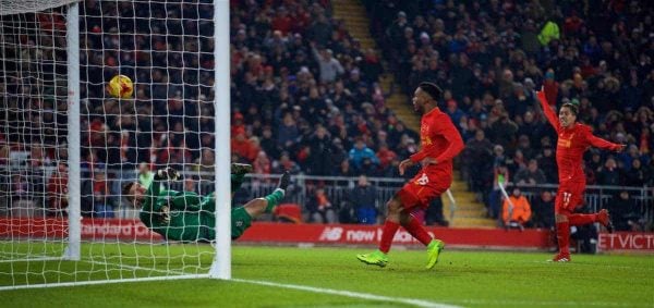 LIVERPOOL, ENGLAND - Wednesday, January 25, 2017: Southampton's goalkeeper Fraser Forster makes a save, clawing the ball off the line, during the Football League Cup Semi-Final 2nd Leg match against Liverpool at Anfield. (Pic by David Rawcliffe/Propaganda)