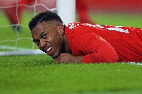 LIVERPOOL, ENGLAND - Wednesday, January 25, 2017: Liverpool's Daniel Sturridge looks dejected after missing a chance against Southampton during the Football League Cup Semi-Final 2nd Leg match at Anfield. (Pic by David Rawcliffe/Propaganda)