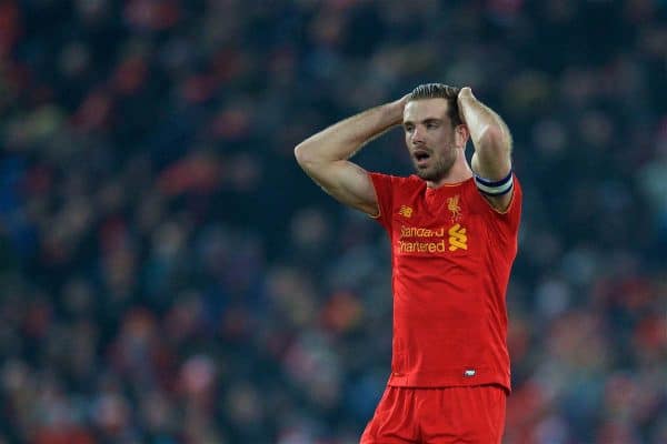 LIVERPOOL, ENGLAND - Wednesday, January 25, 2017: Liverpool's captain Jordan Henderson looks dejected during the Football League Cup Semi-Final 2nd Leg match against Southampton at Anfield. (Pic by David Rawcliffe/Propaganda)