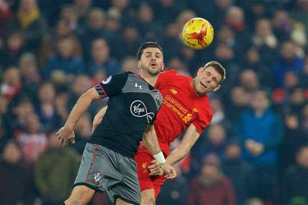 LIVERPOOL, ENGLAND - Wednesday, January 25, 2017: Liverpool's James Milner in action against Southampton's Shane Long during the Football League Cup Semi-Final 2nd Leg match at Anfield. (Pic by David Rawcliffe/Propaganda)