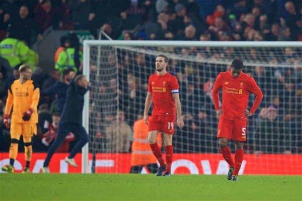 LIVERPOOL, ENGLAND - Wednesday, January 25, 2017: Liverpool's Georginio Wijnaldum looks dejected as Southampton score an injury time winning goal, to seal a 1-0, 2-0 on aggregate, victory during the Football League Cup Semi-Final 2nd Leg match at Anfield. (Pic by David Rawcliffe/Propaganda)