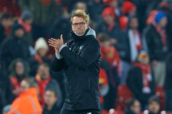 LIVERPOOL, ENGLAND - Wednesday, January 25, 2017: Liverpool's manager Jürgen Klopp looks dejected after Southampton sealed a 1-0, 2-0 on aggregate, victory during the Football League Cup Semi-Final 2nd Leg match at Anfield. (Pic by David Rawcliffe/Propaganda)