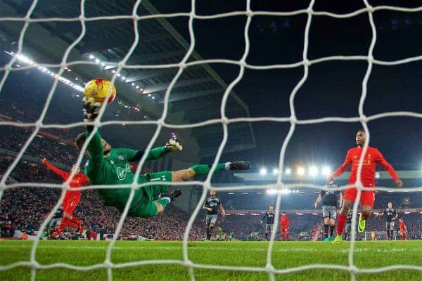 LIVERPOOL, ENGLAND - Wednesday, January 25, 2017: Southampton's goalkeeper Fraser Forster makes a fingertip save to claw the ball from crossing the line, during the Football League Cup Semi-Final 2nd Leg match against Liverpool at Anfield. (Pic by David Rawcliffe/Propaganda)