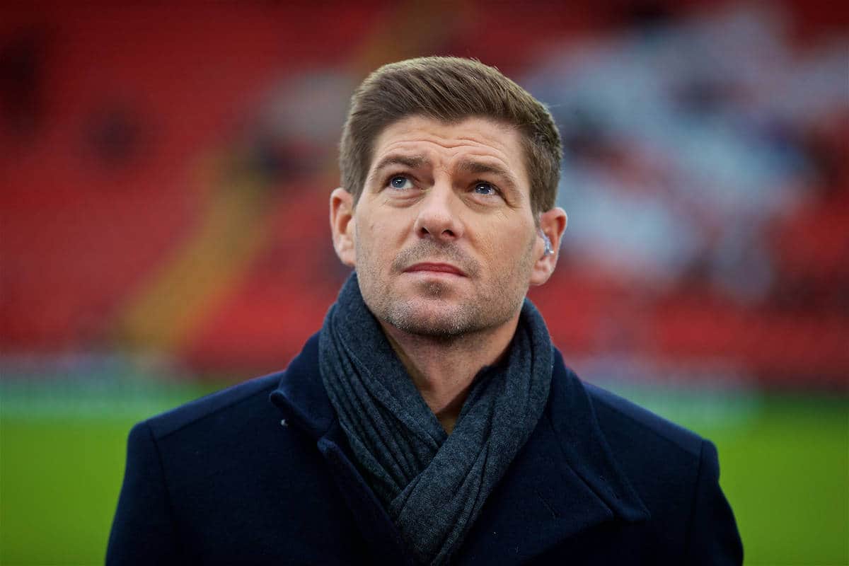 LIVERPOOL, ENGLAND - Saturday, January 28, 2017: Liverpool's academy coach Steven Gerrard, working as a pundit for BT Sport, before the FA Cup 4th Round match against Wolverhampton Wanderers at Anfield. (Pic by David Rawcliffe/Propaganda)