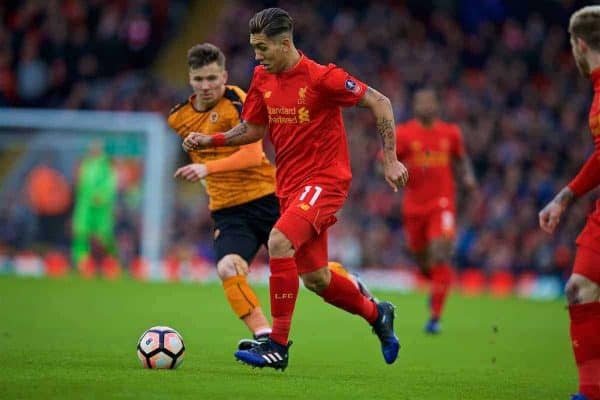 LIVERPOOL, ENGLAND - Saturday, January 28, 2017: Liverpool's Roberto Firmino in action against Wolverhampton Wanderers during the FA Cup 4th Round match at Anfield. (Pic by David Rawcliffe/Propaganda)