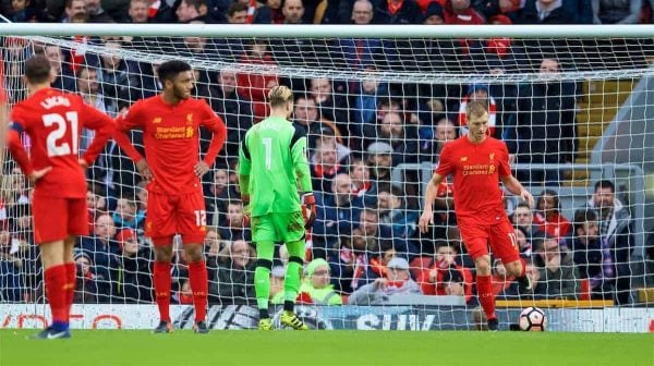 LIVERPOOL, ENGLAND - Saturday, January 28, 2017: Liverpool's goalkeeper Loris Karius and Ragnar Klavan look dejected as Wolverhampton Wanderers take a two-goal lead during the FA Cup 4th Round match at Anfield. (Pic by David Rawcliffe/Propaganda)