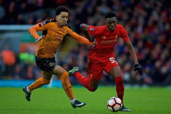 LIVERPOOL, ENGLAND - Saturday, January 28, 2017: Liverpool's Oviemuno Ovie Ejaria in action against Wolverhampton Wanderers during the FA Cup 4th Round match at Anfield. (Pic by David Rawcliffe/Propaganda)