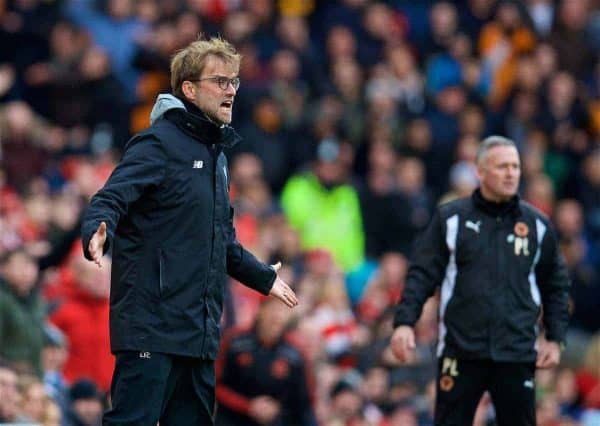 LIVERPOOL, ENGLAND - Saturday, January 28, 2017: Liverpool's manager Jürgen Klopp reacts during the FA Cup 4th Round match against Wolverhampton Wanderers at Anfield. (Pic by David Rawcliffe/Propaganda)