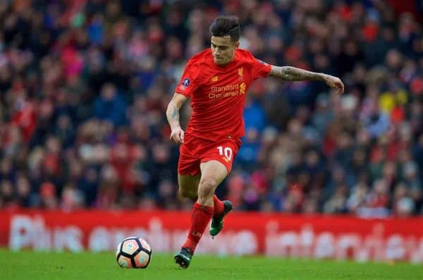 LIVERPOOL, ENGLAND - Saturday, January 28, 2017: Liverpool's Philippe Coutinho Correia in action against Wolverhampton Wanderers during the FA Cup 4th Round match at Anfield. (Pic by David Rawcliffe/Propaganda)