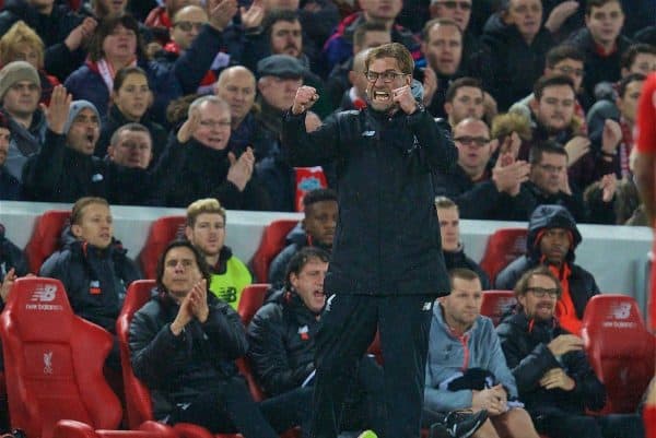 LIVERPOOL, ENGLAND - Tuesday, January 31, 2017: Liverpool's manager Jürgen Klopp celebrates a tackle against Chelsea during the FA Premier League match at Anfield. (Pic by David Rawcliffe/Propaganda)