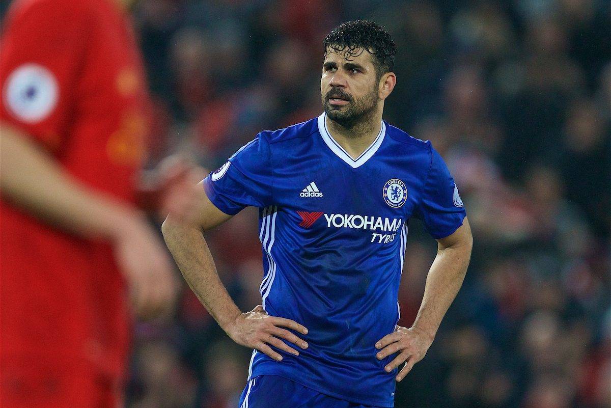 LIVERPOOL, ENGLAND - Tuesday, January 31, 2017: Chelsea's Diego Costa looks dejected after missing a penalty against Liverpool during the FA Premier League match at Anfield. (Pic by David Rawcliffe/Propaganda)