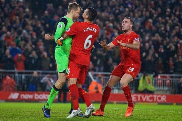 LIVERPOOL, ENGLAND - Tuesday, January 31, 2017: Liverpool's Adam Lallana celebrates after saving a Chelsea penalty during the FA Premier League match at Anfield. (Pic by David Rawcliffe/Propaganda)