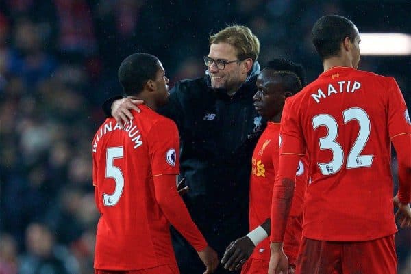 LIVERPOOL, ENGLAND - Tuesday, January 31, 2017: Liverpool's manager Jürgen Klopp embraces Georginio Wijnaldum and Sadio Mane after the FA Premier League match against Chelsea at Anfield. (Pic by David Rawcliffe/Propaganda)