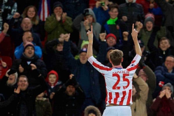 STOKE-ON-TRENT, ENGLAND - Wednesday, February 1, 2017: Stoke City's Peter Crouch celebrates scoring the first goal against Everton during the FA Premier League match at the Britannia Stadium. (Pic by David Rawcliffe/Propaganda)