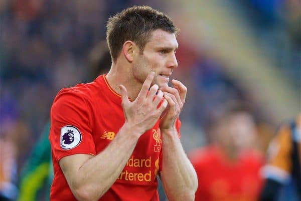 KINGSTON-UPON-HULL, ENGLAND - Saturday, February 4, 2017: Liverpool's James Milner looks dejected after missing a chance against Hull City during the FA Premier League match at the KCOM Stadium. (Pic by David Rawcliffe/Propaganda)