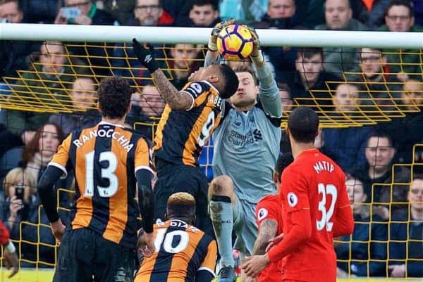 KINGSTON-UPON-HULL, ENGLAND - Saturday, February 4, 2017: Hull City's Alfred N'Diaye challenges Liverpool's goalkeeper Simon Mignolet, which leads to the opening goal, during the FA Premier League match at the KCOM Stadium. (Pic by David Rawcliffe/Propaganda)