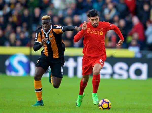 KINGSTON-UPON-HULL, ENGLAND - Saturday, February 4, 2017: Liverpool's Emre Can in action against Hull City's Alfred N'Diaye during the FA Premier League match at the KCOM Stadium. (Pic by David Rawcliffe/Propaganda)