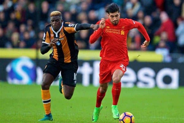 KINGSTON-UPON-HULL, ENGLAND - Saturday, February 4, 2017: Liverpool's Emre Can in action against Hull City's Alfred N'Diaye during the FA Premier League match at the KCOM Stadium. (Pic by David Rawcliffe/Propaganda)