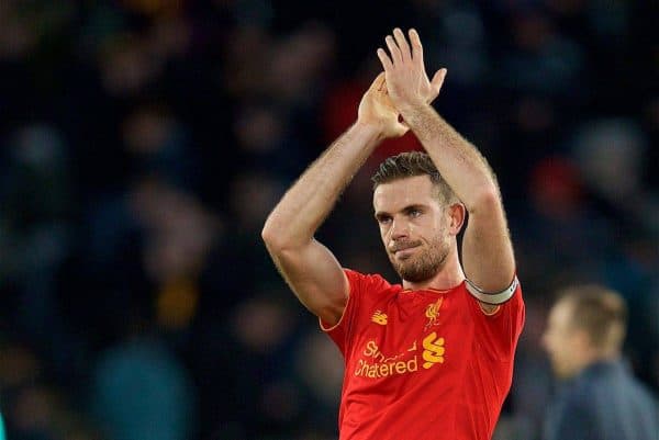 KINGSTON-UPON-HULL, ENGLAND - Saturday, February 4, 2017: Liverpool's captain Jordan Henderson applaud the travelling supporters after the 2-0 defeat to in Hull City during the FA Premier League match at the KCOM Stadium. (Pic by David Rawcliffe/Propaganda)