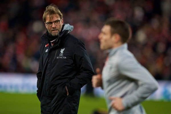 LIVERPOOL, ENGLAND - Saturday, February 11, 2017: Liverpool's manager Jürgen Klopp before the FA Premier League match against Tottenham Hotspur at Anfield. (Pic by David Rawcliffe/Propaganda)