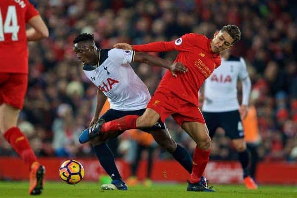 LIVERPOOL, ENGLAND - Saturday, February 11, 2017: Liverpool's Roberto Firmino in action against Tottenham Hotspur's Victor Wanyama during the FA Premier League match at Anfield. (Pic by David Rawcliffe/Propaganda)