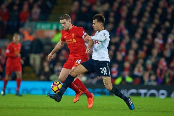 LIVERPOOL, ENGLAND - Saturday, February 11, 2017: Liverpool's captain Jordan Henderson in action against Tottenham Hotspur's Dele Alli during the FA Premier League match at Anfield. (Pic by David Rawcliffe/Propaganda)