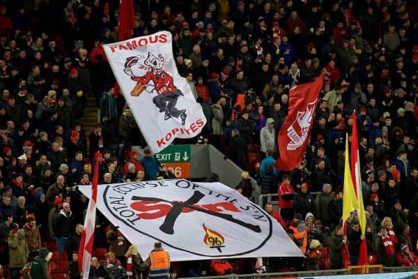 LIVERPOOL, ENGLAND - Saturday, February 11, 2017: Liverpool supporters' banners "Famous Kopites" and "Total Eclipse of the Sun" on the Spion Kop before the FA Premier League match against Tottenham Hotspur at Anfield. (Pic by David Rawcliffe/Propaganda)