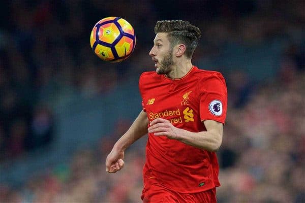 LIVERPOOL, ENGLAND - Saturday, February 11, 2017: Liverpool's Adam Lallana in action against Tottenham Hotspur during the FA Premier League match at Anfield. (Pic by David Rawcliffe/Propaganda)