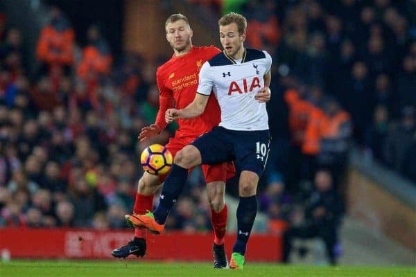 LIVERPOOL, ENGLAND - Saturday, February 11, 2017: Liverpool's Ragnar Klavan in action against Tottenham Hotspur's Harry Kane during the FA Premier League match at Anfield. (Pic by David Rawcliffe/Propaganda)