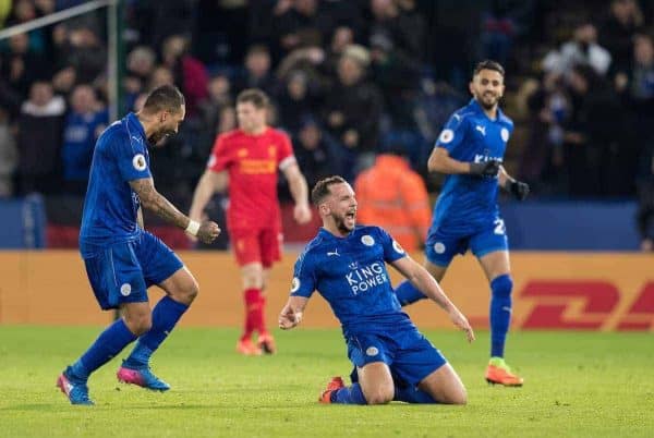 LEICESTER, ENGLAND - Monday, February 27, 2017: Leicester City's Danny Drinkwater celebrates scoring second goal during the FA Premier League match against Liverpool at the King Power Stadium. (Pic by Gavin Trafford/Propaganda)