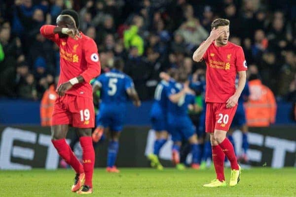 LEICESTER, ENGLAND - Monday, February 27, 2017: Liverpool's Sadio Mane and Adam Lallana look dejected after conceding the first goal against Leicester City during the FA Premier League match at the King Power Stadium. (Pic by Gavin Trafford/Propaganda)