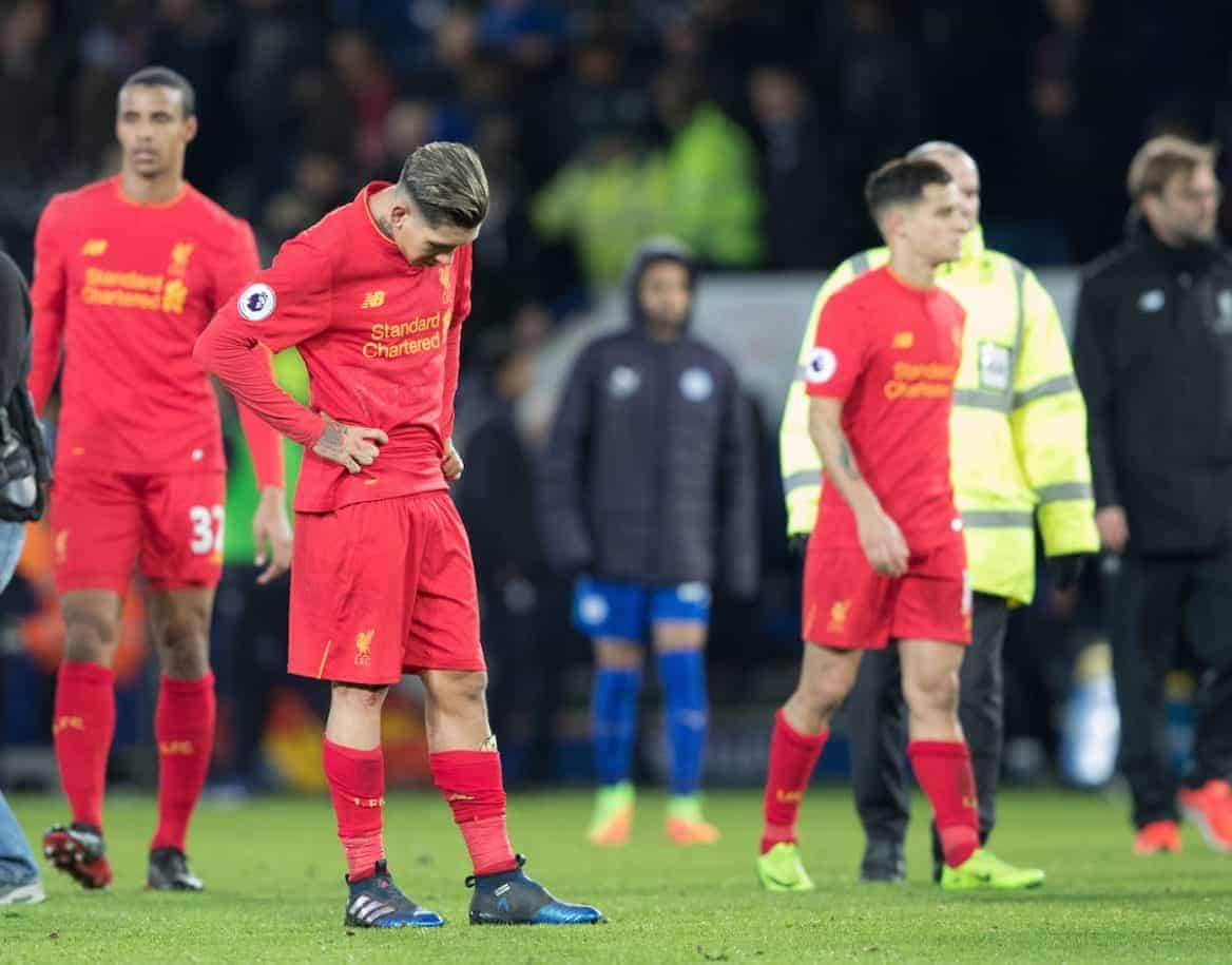 LEICESTER, ENGLAND - Monday, February 27, 2017: Liverpool's Roberto Firmino dejected after losing 3-1 against Leicester City in the FA Premier League match at the King Power Stadium. (Pic by Gavin Trafford/Propaganda)