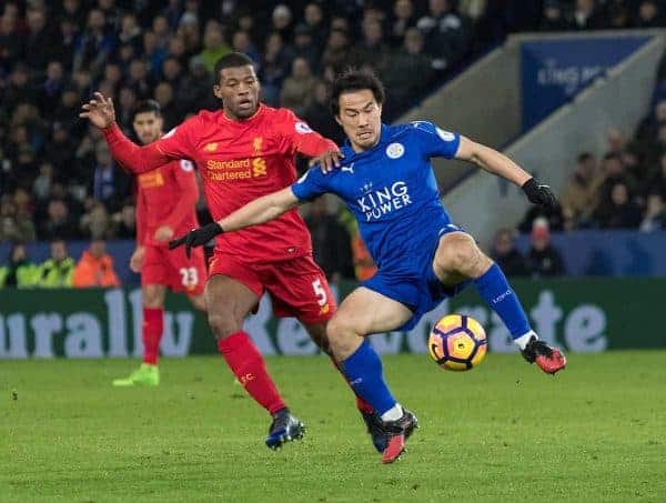 LEICESTER, ENGLAND - Monday, February 27, 2017: Liverpool's Georginio Wijnaldum in action against Leicester City's Shinji Okazaki during the FA Premier League match at the King Power Stadium. (Pic by Gavin Trafford/Propaganda)