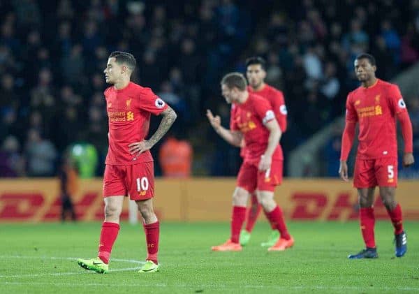 LEICESTER, ENGLAND - Monday, February 27, 2017: Liverpool's Philippe Coutinho,Georginio Wijnaldum, James Milner and Emre Can look dejected after conceding the second goal against Leicester City during the FA Premier League match at the King Power Stadium. (Pic by Gavin Trafford/Propaganda)