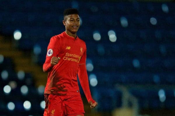 HIGH WYCOMBE, ENGLAND - Monday, March 6, 2017: Liverpool's Rhian Brewster celebrates scoring the second goal against Reading during FA Premier League 2 Division 1 Under-23 match at Adams Park Stadium. (Pic by David Rawcliffe/Propaganda)