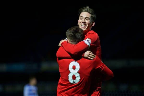 HIGH WYCOMBE, ENGLAND - Monday, March 6, 2017: Liverpool's Ben Woodburn celebrates scoring the fourth goal against Reading with team-mate captain Harry Wilson during FA Premier League 2 Division 1 Under-23 match at Adams Park Stadium. (Pic by David Rawcliffe/Propaganda)