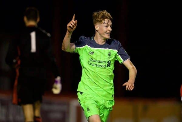 ALTRINGHAM, ENGLAND - Friday, March 10, 2017: Liverpool's Glen McAuley celebrates scoring the first goal against Manchester United during an Under-18 FA Premier League Merit Group A match at Moss Lane. (Pic by David Rawcliffe/Propaganda)